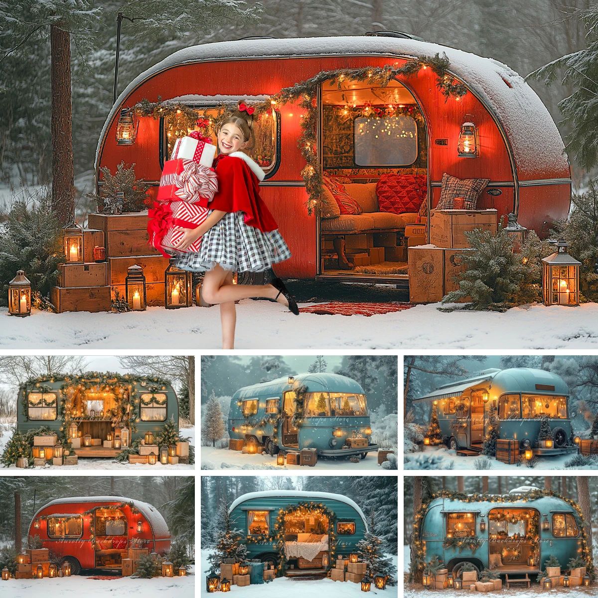 

Retro Christmas Camper Van Backgrounds Adult Family Photography Props Child Baby Decors Winter Snowfield Photo Studio Backdrops