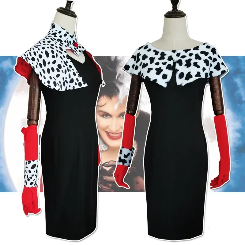 Cruella De Vil Cosplay Costume Robes pour Femmes et Bol, Daltravaillait ens avec Cape, Tenues d'Halloween, Carnaval Trempé, 101