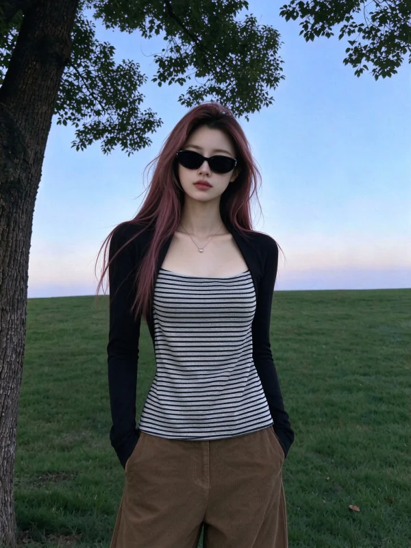 Slim Fit Striped Long Sleeve T-Shirt Women Early Autumn Casual Style Korean Precision Small Top Black White Casual Fashion