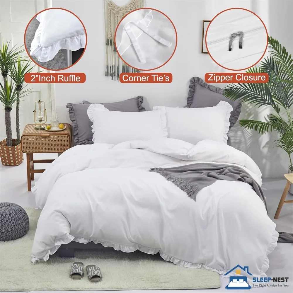 Edge Ruffle Duvet Cover Set Alaskan King 136x120 Oversized 3 Piece White