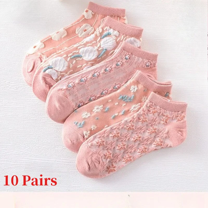 5/10 Paar Socken, Estéreo Mini Blumen Stickerei rosa Mädchen Socken niedliche Mädchen Socken.