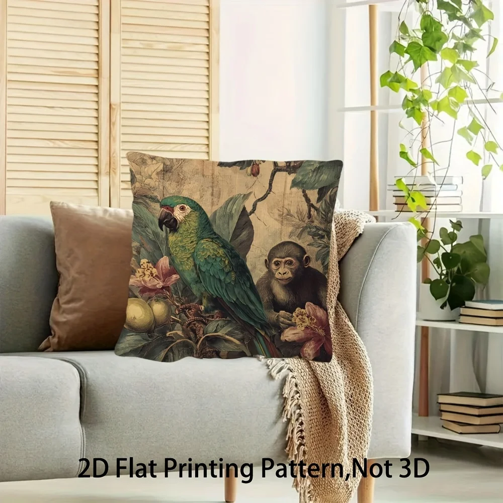2D flat- Vintage Tropical Jungle Parrot Monkey Throw Pillow Cover Botanical Floral Farmhouse Home Decor Cushion Case