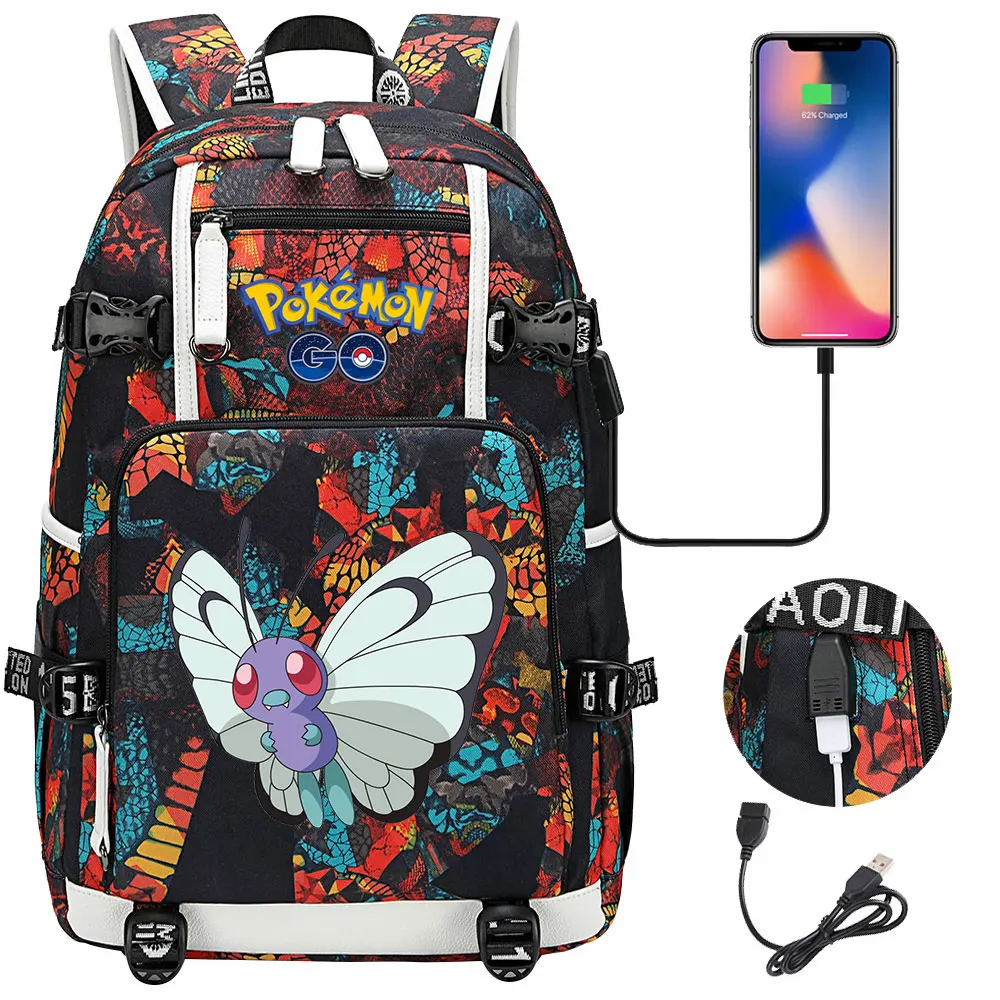 Pikachu Pokemon Backpack Teenage Boys Girls USB Canvas Schoolbags Student book bag Camouflage Capacity School Mochilas