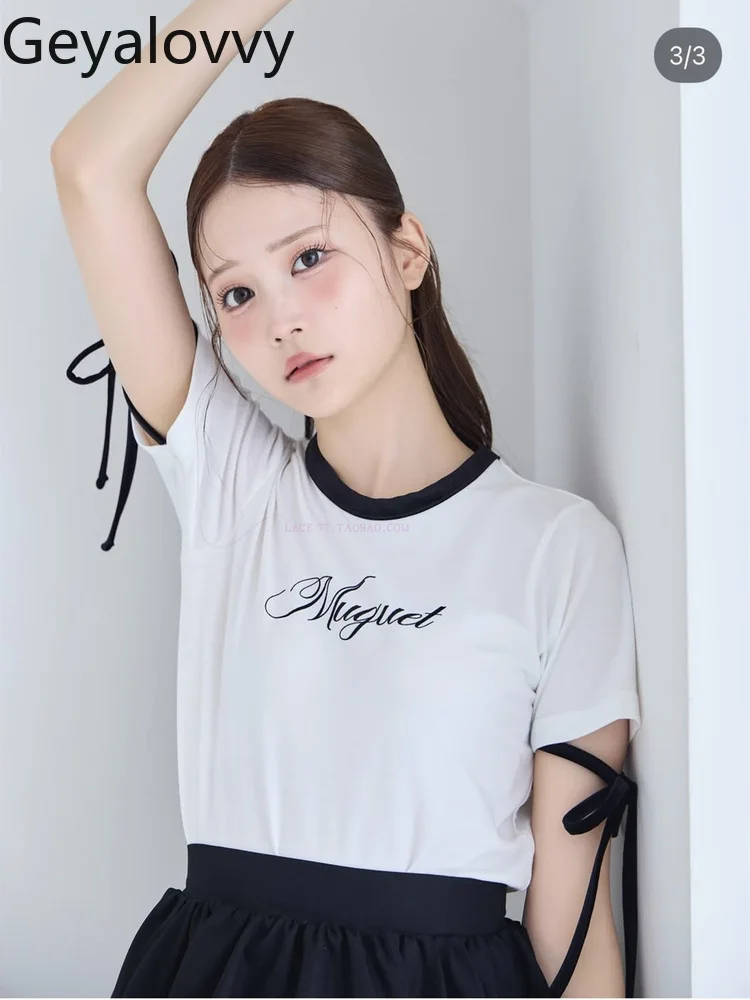 

Japanese Pure Original Contrasting Color Lace-up Letter T-shirt Summer New Sweet Girl Student Versatile Solid Color Short Tops