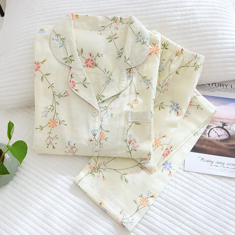 

Spring/Summer 100% Cotton Gauze Women Homewear Casual Floral Printed Turn-down Collar Nightwear Long Sleeve Casual Pajama Suit