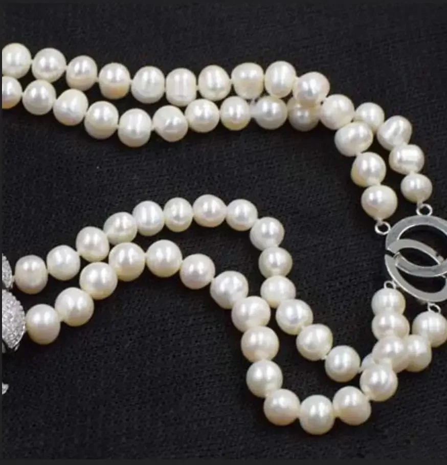 2rows freshwater pearl white near round 8-9mm necklace 17-18inch  wholesale beads nature