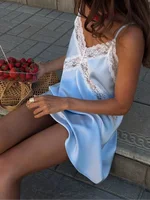 Robe Courte Sexy en Satin Bleu et Dentelle pour Femme, Bretelles Fines, Col en V, Découpes, Moulante, Robe de Plage d'Été, Vestidos 2026 4