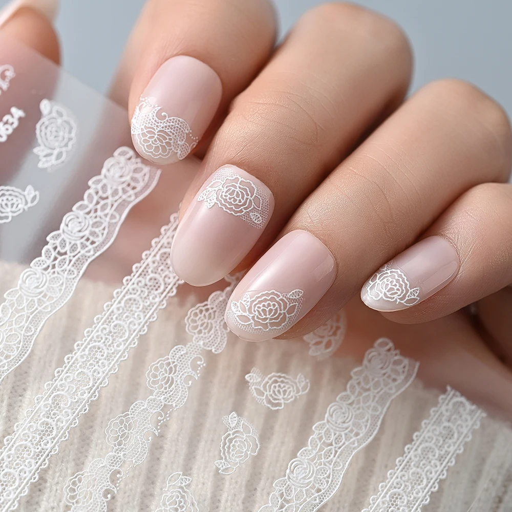1 قطعة زهرة الدانتيل الأبيض البوهيمي نمط ملصقات الأظافر 5D مثير الدانتيل الأبيض ارتفع الأزهار مسمار الشارات DIY بها بنفسك الكورية رومانسية مسمار ملصقا #2