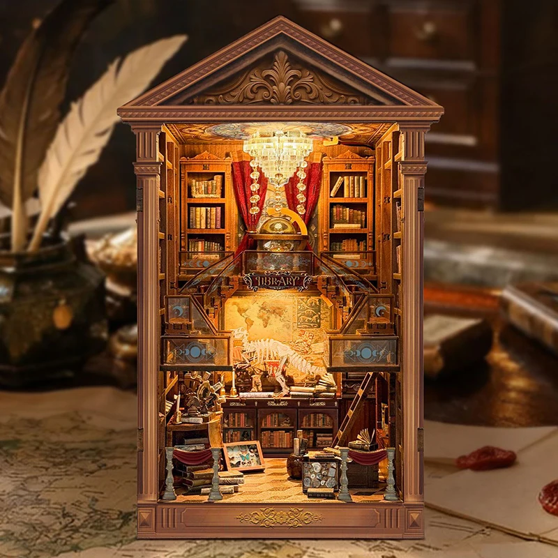 

DIY Wooden Reading Hall Book Nook Shelf Insert Kits Miniature Model Kit With Light Bookend for Friends Birthday Gifts