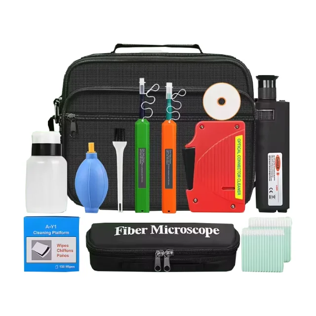 مجموعة أدوات اختبار الوجه لنهاية مكبر الصوت من FTTH تستخدم أداة تنظيف فحص الألياف الضوئية مع قلم تنظيف وصندوق