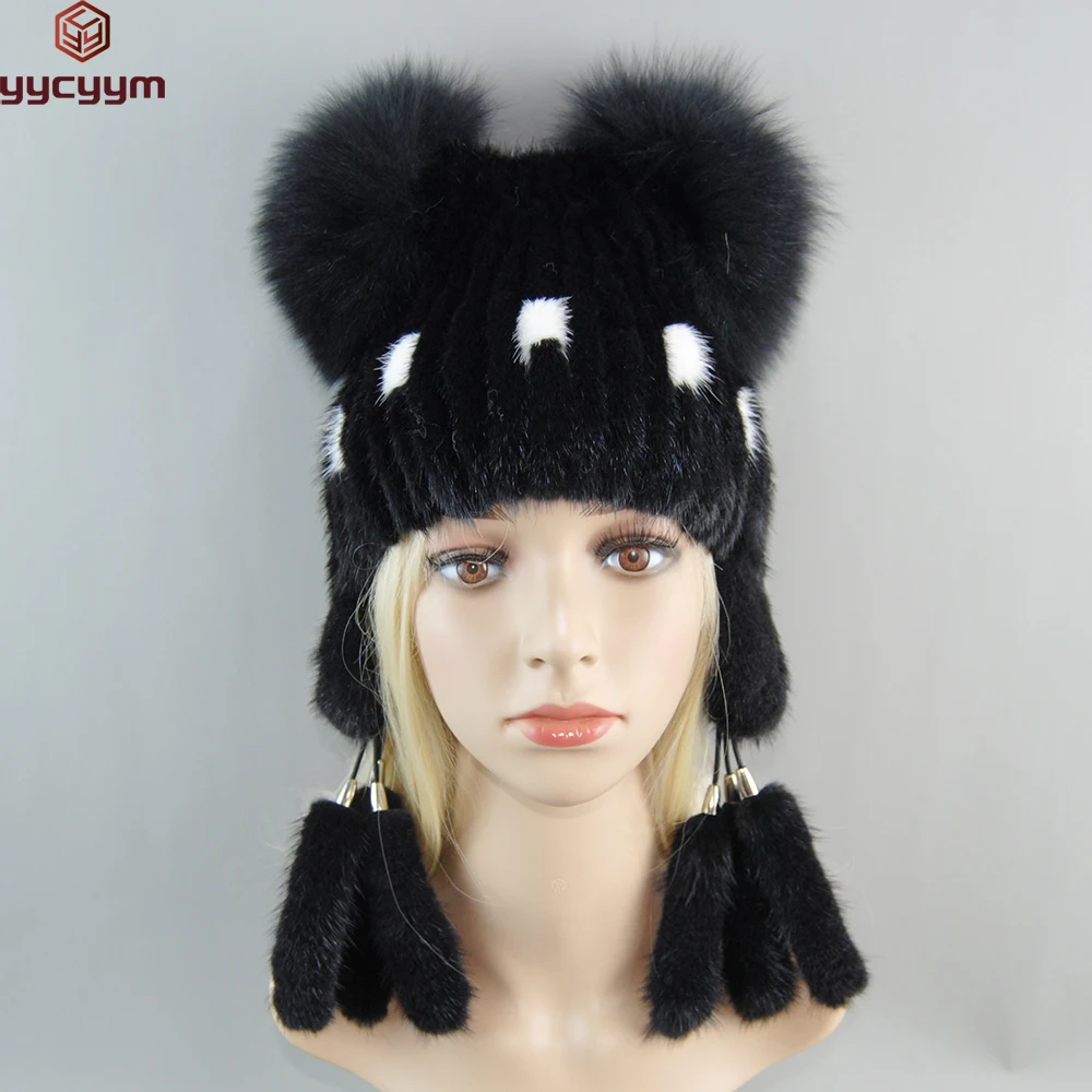 

Hats For Women Natural Mink Fur Tails Earflap Winter Bomber Hat Women Real Fur Knitted Beanie Hat