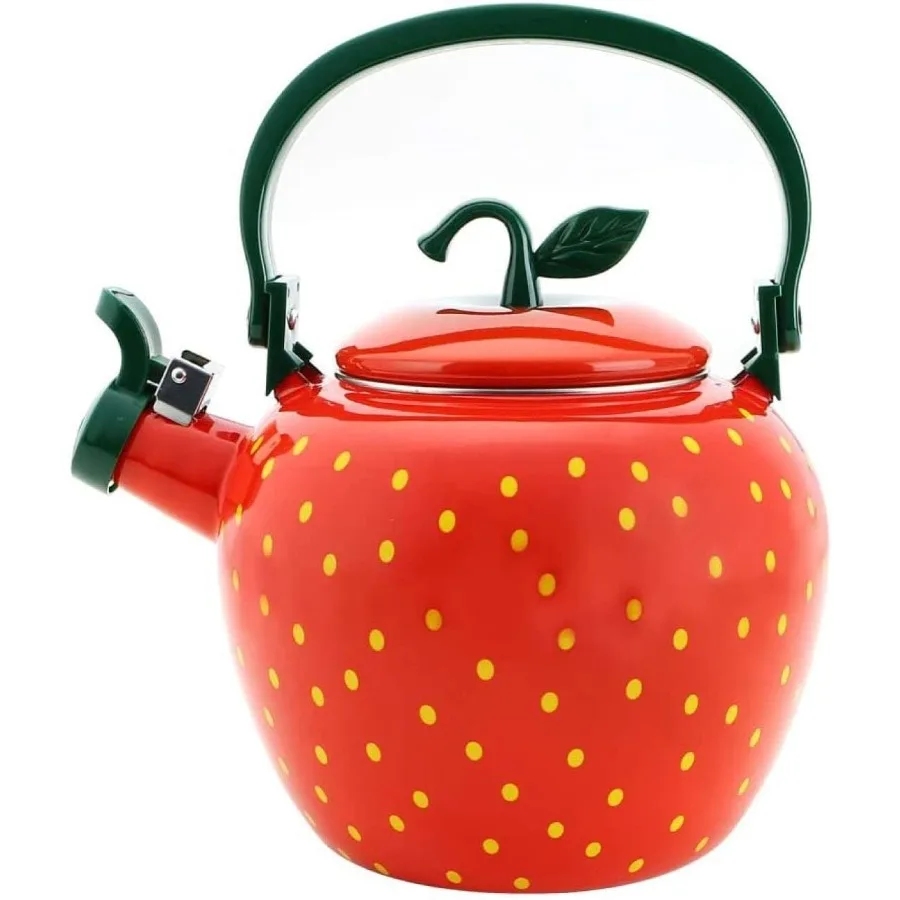 

Whistling Tea Kettle for Stove Top Enamel on Steel Teakettle with Strawberry Design for Kitchen Use 2.3 Quart Cute and Function