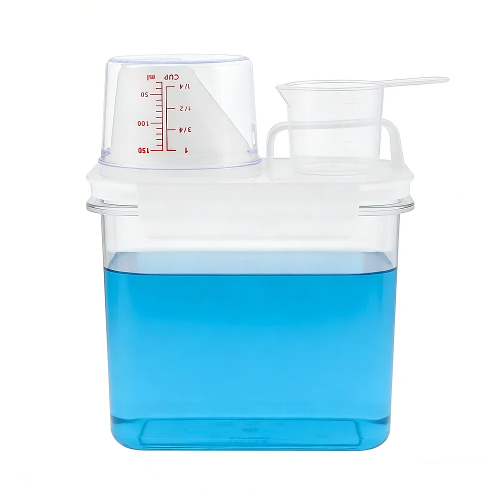 1pc 1100ml/37Ounces Laundry Detergent Dispenser Transparent Anti-leak Plastic Soap Organization Storage Can with Measuring Cup
