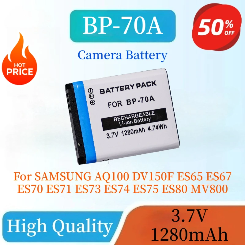 

High Quality New BP-70A BP70A 3.7V 1280mAh Camera Battery For SAMSUNG AQ100 DV150F ES65 ES67 ES70 ES71 ES73 ES74 ES75 ES80 MV800