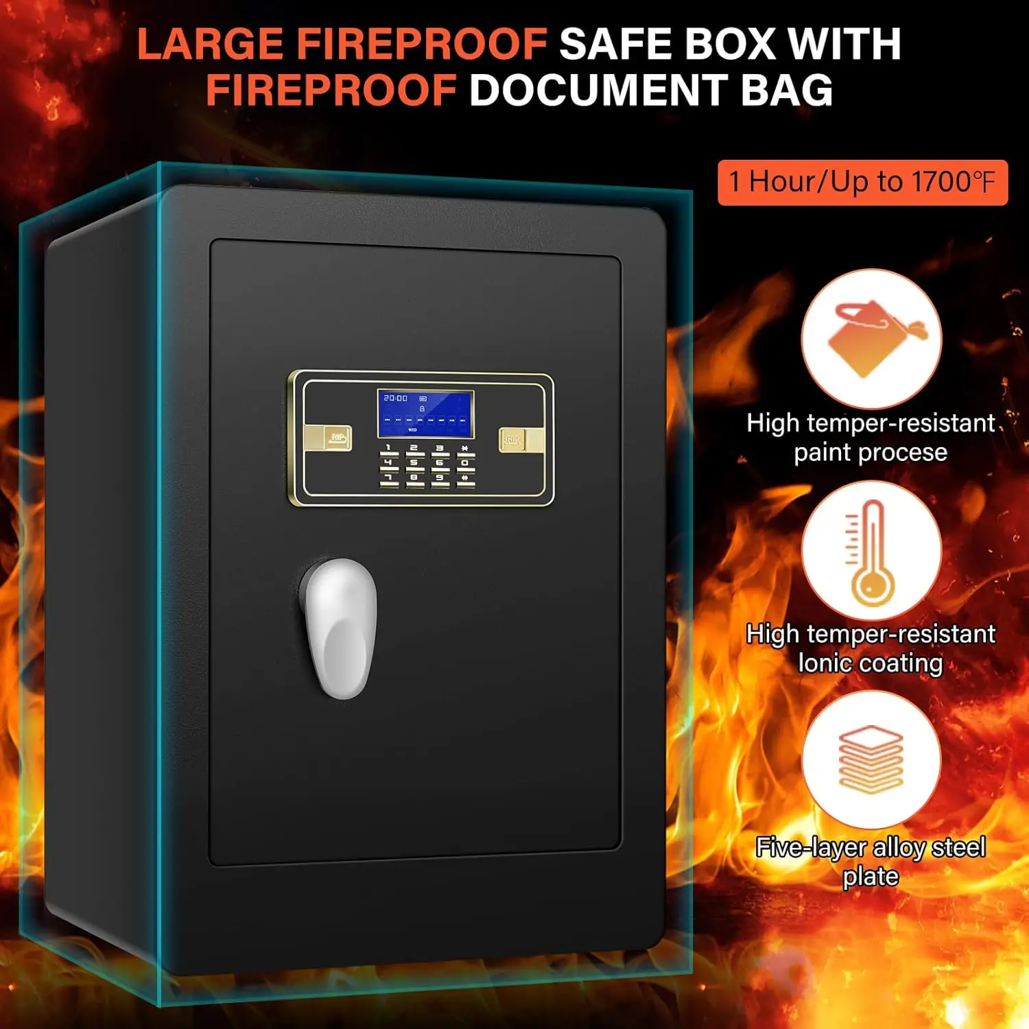 5.1 Cuft Fireproof Safe for Home, Large Home Safe Box Fireproof Waterproof with Dual Key System and Hidden Lock Box, Document Sa