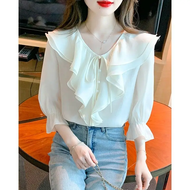 High Street Sweet Tie Up Ruffled Three Quarter Sleeved Women\'s Chiffon Shirt Summer Casual Commuting Temperament Top for Women