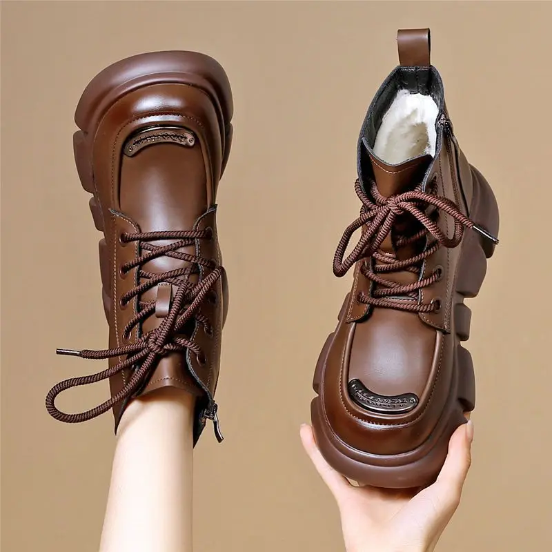 

Водонепроницаемые кожаные зимние ботинки на массивной шнуровке для женщин, зимние ботинки на флисовой подкладке в готическом стиле, удобная и элегантная шикарная женская обувь