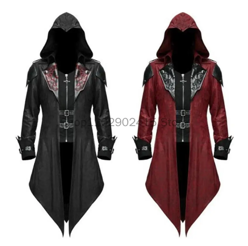 

2023 Medieval Men Cosplay Embroidery Jacket Punk Leather Shoulder Costume Victorian Retro Knight Hooded Tailcoat