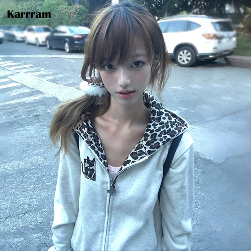Karrram-Chaqueta con capucha japonesa Y2k Devil, ropa de abrigo con estampado de cachorro estilo años 2000, abrigo Vintage Harajuku con cremallera fina, Retro americano de los años 90