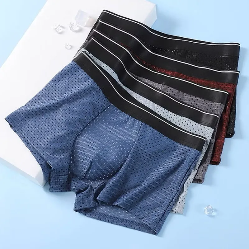 Image of 4 Stück Herren-Unterwäsche Boxershorts aus Eisseide mit Netzstoff, Sommer Sexy Atmungsaktive Antibakterielle Unterhosen in Übergrößen XL-6XL