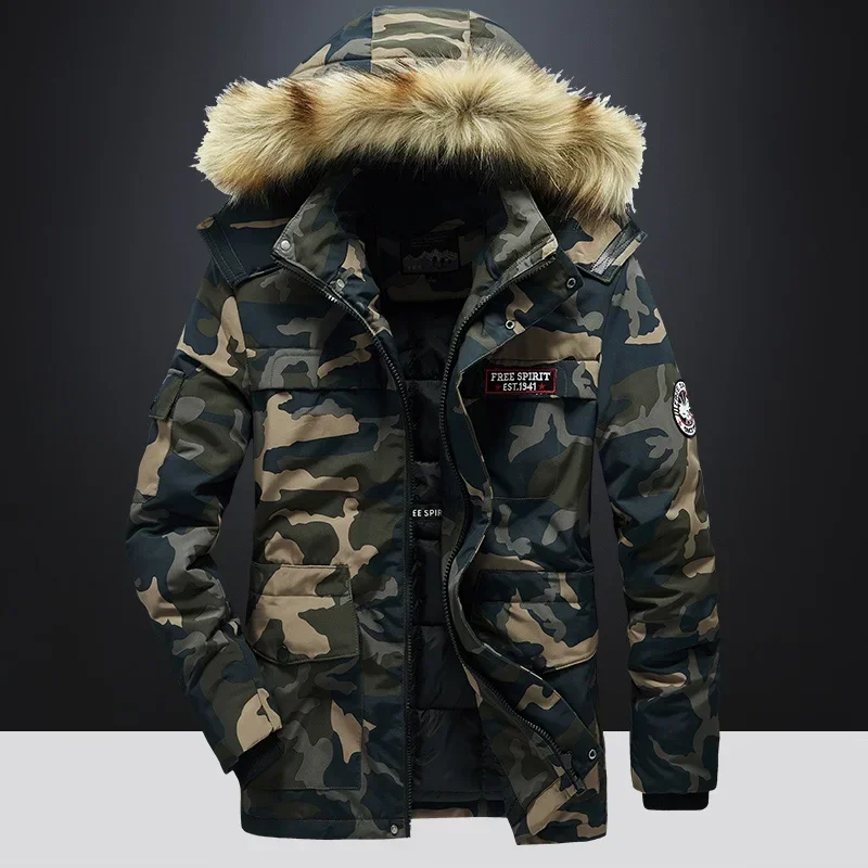 

For 2022 Winter Cargo Zip Up Camouflage Jacket Men Thick Warm Parkas Fur Hooded Clothes Fashion Oversize 4XL 5XL Coat