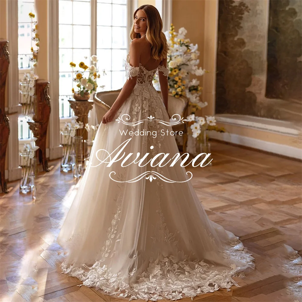 تخصيص Aviana قبالة الكتف الحبيب العنق الدانتيل والتطريز تول الكرة ثوب الزفاف قطار طويل ثوب الزفاف