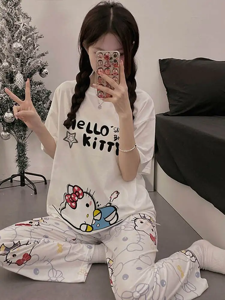 

Cartoon cute Hello Kitty pajamas, summer cotton casual loungewear, Sanrio cartoon pajamas two-piece set, Hello Kitty pajamas set