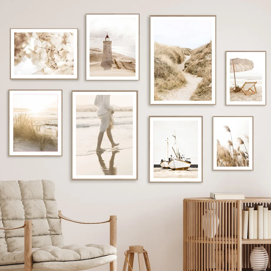 

Beach Stroll Girl Reed Grass Ship Flower Lighthouse Posters And Prints Wall Art Canvas Painting Modern Living Room Home Decor