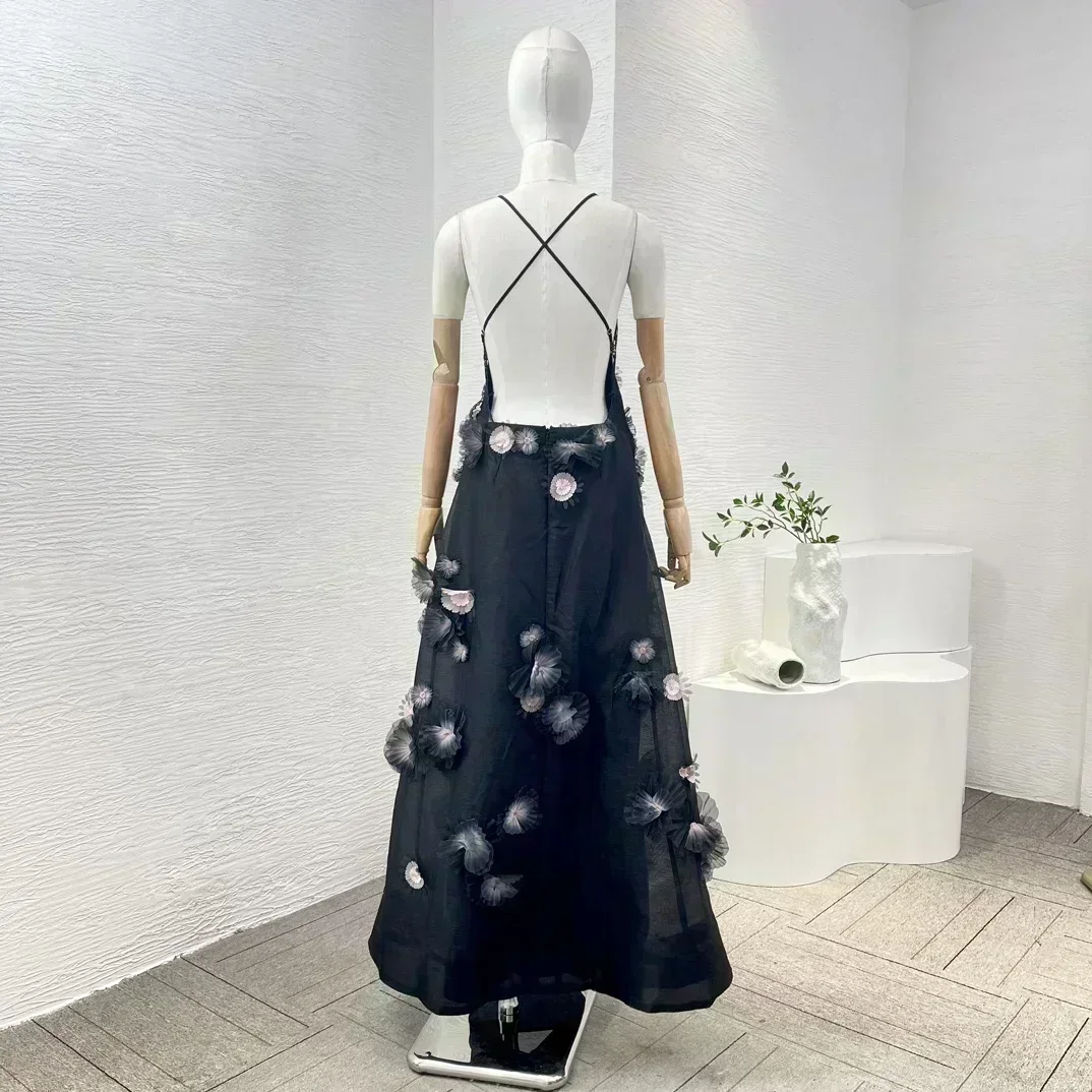 

Sexy SilkSilk Linen 2024 New Black Hollow Out Backless Pink Three Dimensional Flower Sleeveless Lace Patchwork Women Summer Maxi