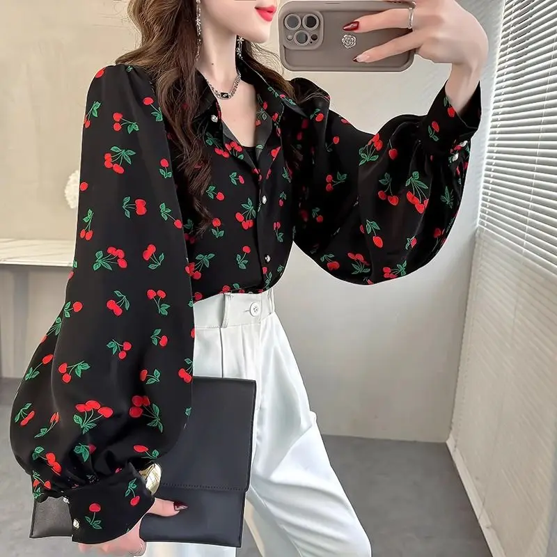 

Vintage Unique Cherry Printing Women New Summer Loose Bishop Sleeve Shirt Fashion All-match Lapel Collar Single-breasted Tops