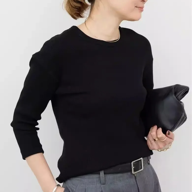 Supima Cotton Yarn Elastic Comfortable Non-Rebound Seven Sve Casual Fit round Ne Pullover Spring Autumn Ladies T-irt