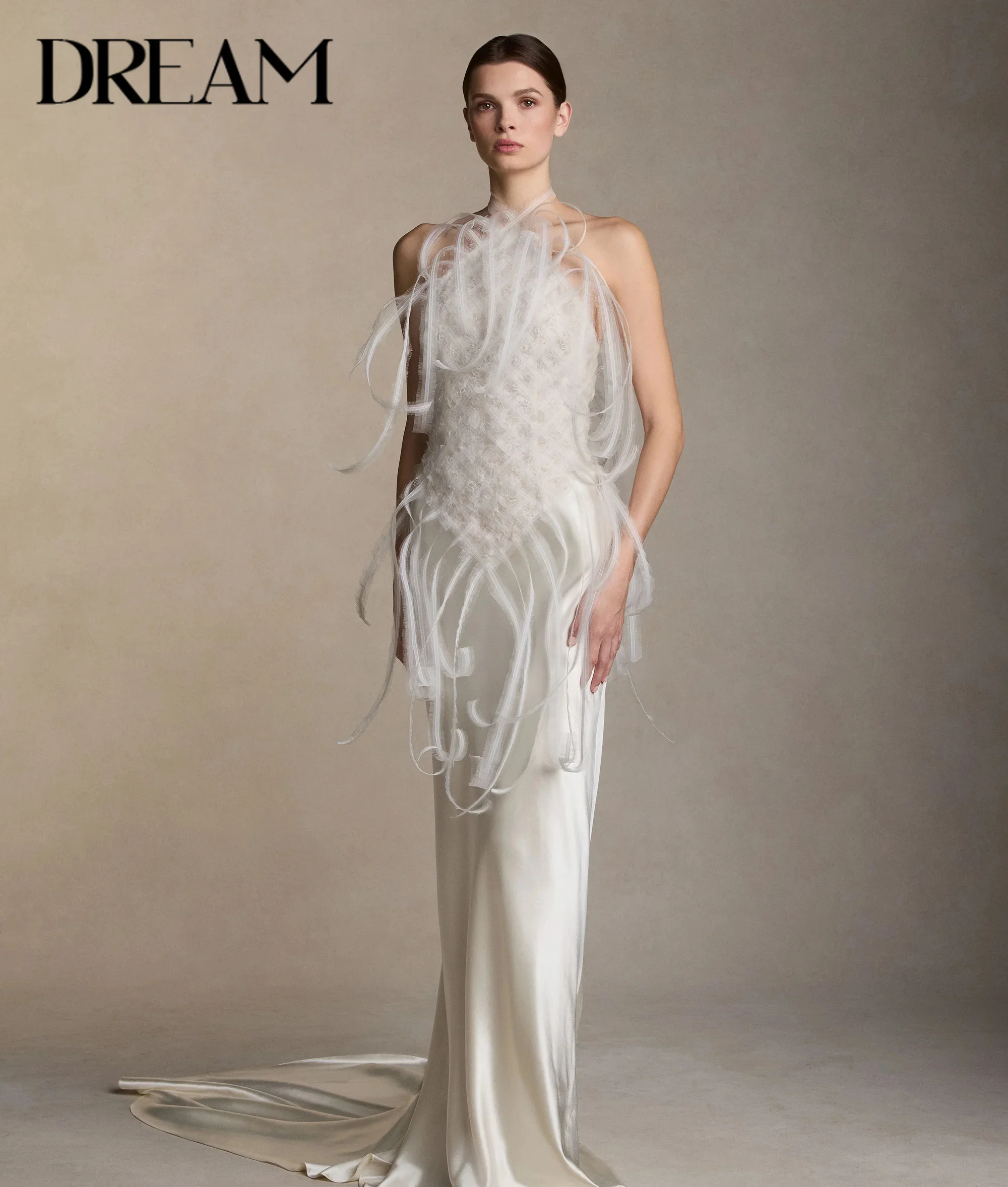 Luxury Ivory Satin Mermaid Wedding Dress Halter Neck 3D Feather Appliques Backless Design Sweep Train Formal Bridal Party Gown