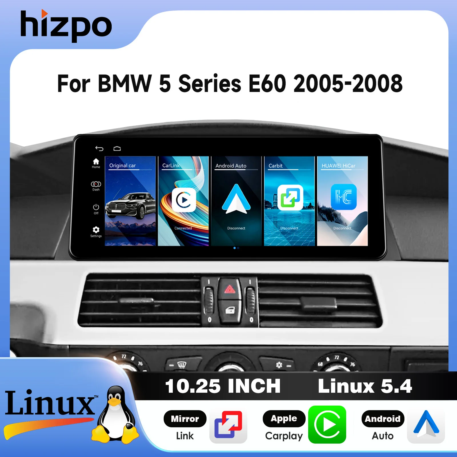Hizpo 10,25 Zoll 12,3 Zoll Android Auto-Multimedia für BMW 5er Serie E60 2005 - 2008 CCC 2009 - 2010 CIC Autoradio CarPlay Bluetooth SWC 1920*720 HD-Bildschirm Linux5.4 System