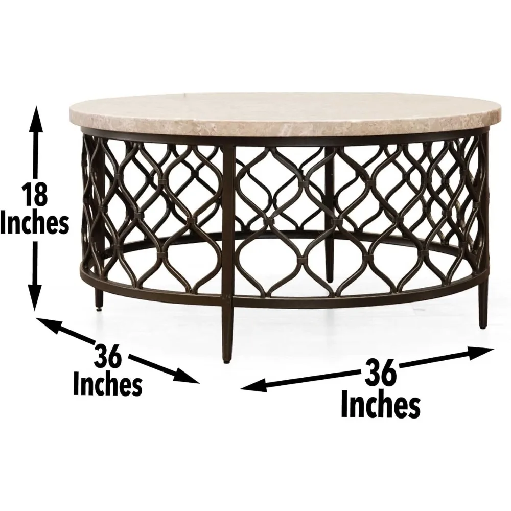 Furniture Roland White Marble Top Cocktail Table, Round Stone Bronze Metal Base Frame, Modern Design, Living Room,