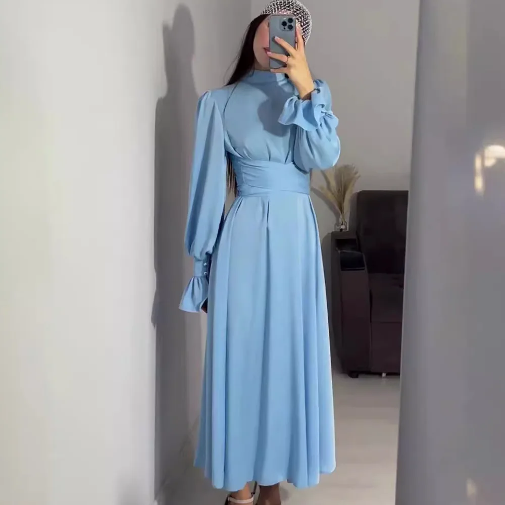 

Waist Wrapped Bubble Long Sleeved Solid Color Fairy Style Dress Muslim People's Daily Casual Satin Simple Dress Boho Fashion