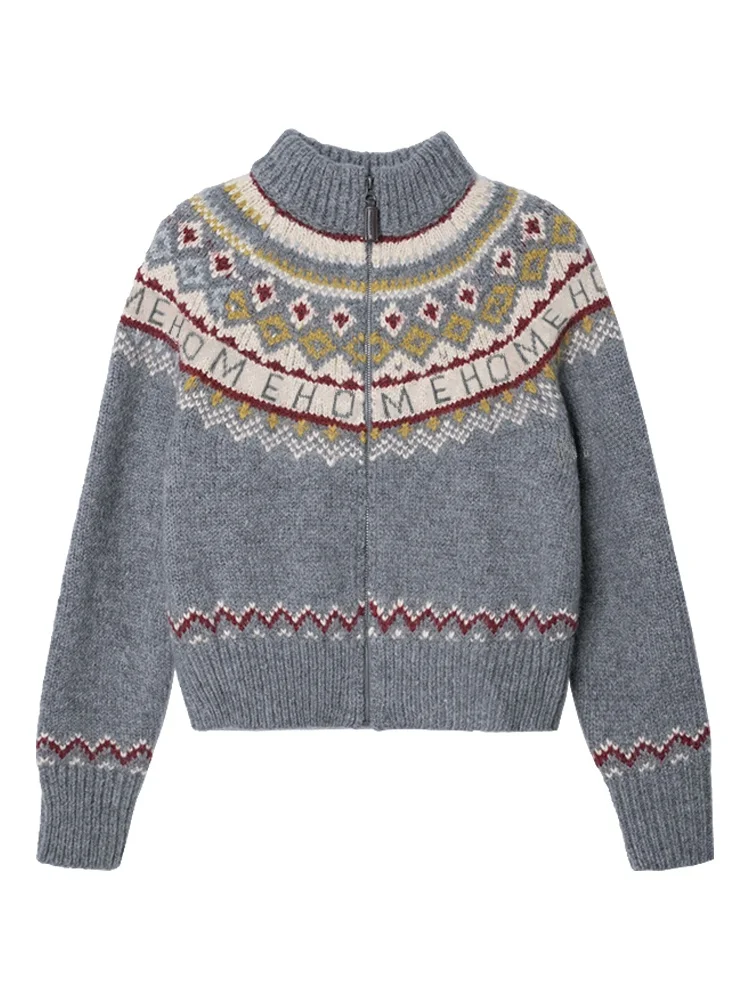 เสื้อไหมพรมถักลาย Fair Isle สำหรับผู้หญิง ฤดูใบไม้ร่วง ฤดูหนาว สไตล์เรโทร สบายๆ เสื้อคลุมคาร์ดิแกนถักสำหรับผู้หญิง