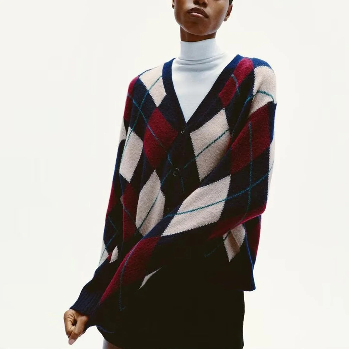 

Z Женская трикотажная верхняя одежда из смешанной ткани Long Sve V-Ne с ромбовидным узором, удобный кардиган Sle Thiened A...