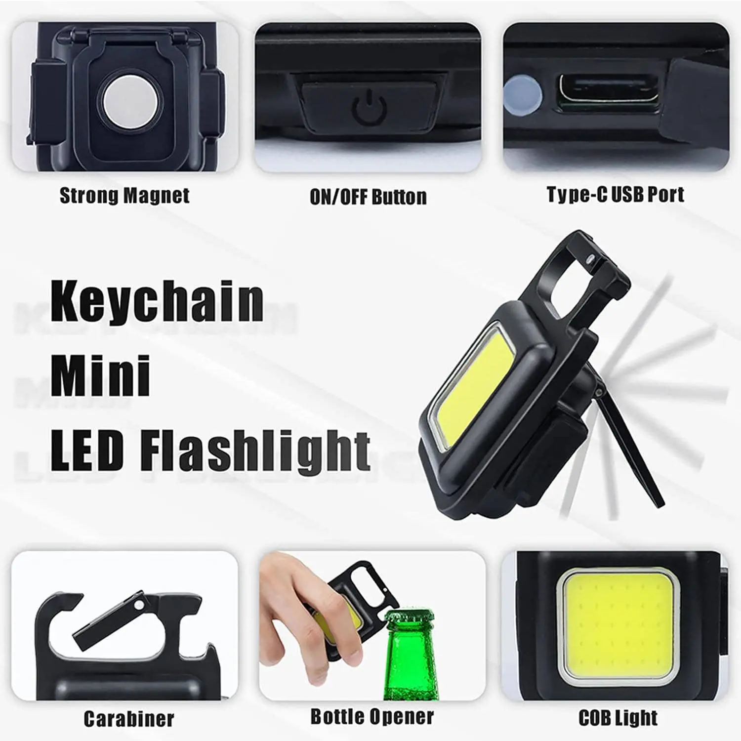 2pcs portachiavi torce 1000lumen COB portachiavi luce da lavoro con Base e staffa pieghevole apribottiglie per regalo per la festa del papà