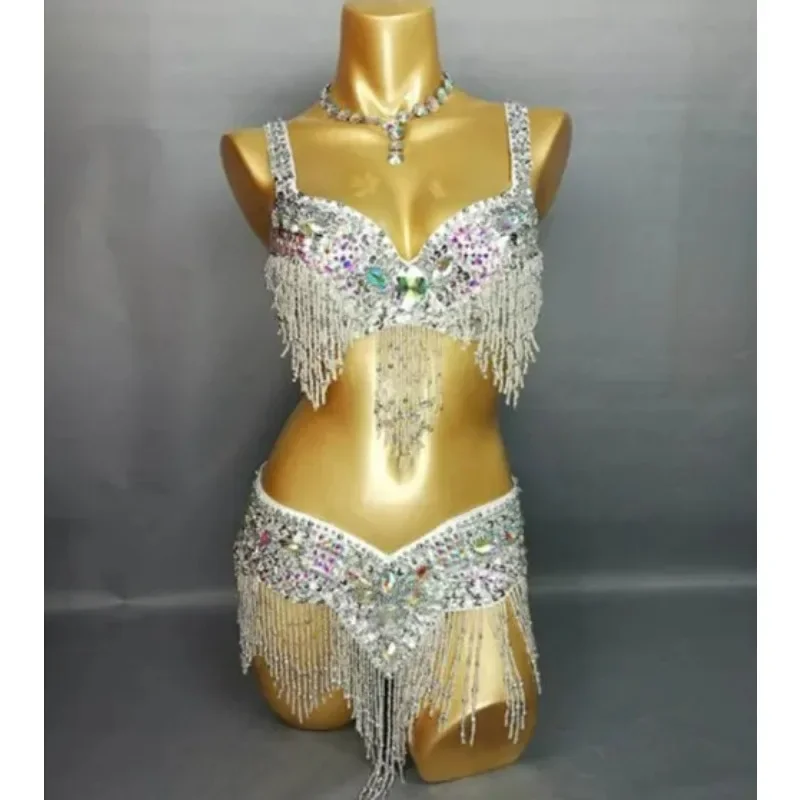 High Quality Women's Beaded Crystal BellyDance Costume Wear Bar+Belt 2 Piece Set Sexy Female Bellydancing Costumes  D/DD/DDD CUP