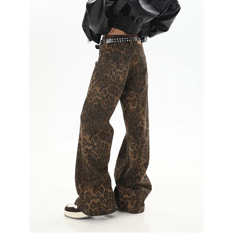 

Women's Brown Jeans Leopard Print Retro Straight Tube Baggy Pants Fashion Street Fashion Y2K Jeans New Winter Leggings