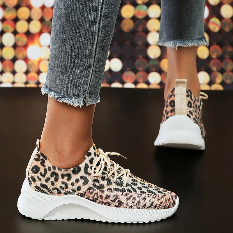 Fashion Leopard Knitted Sneakers for Women 2023 Autumn Slip On Walking Shoes Woman Lightweight Casual Sport Sneakers Plus Size