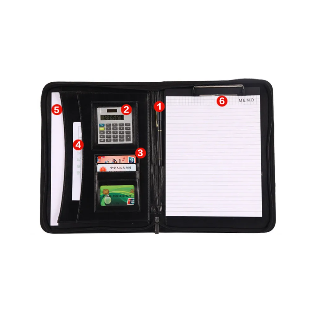 

A4 Portable PU Office Portfolio Zipper Business Folder Multifunctional Document Resume File Folders Calculator Black