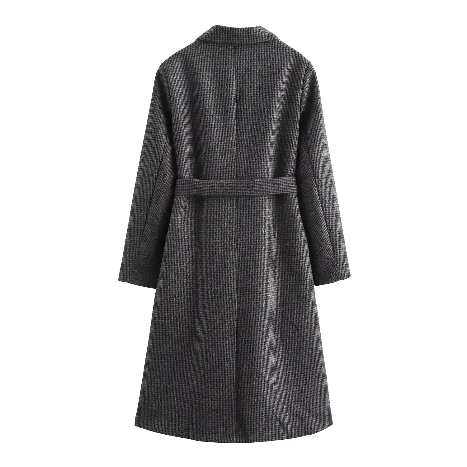 

ZBZA Autumn New Women's Faionable Plaid Belted Woolen Coat Street Sle Long Sve Polyester Fiber Versatile Matching