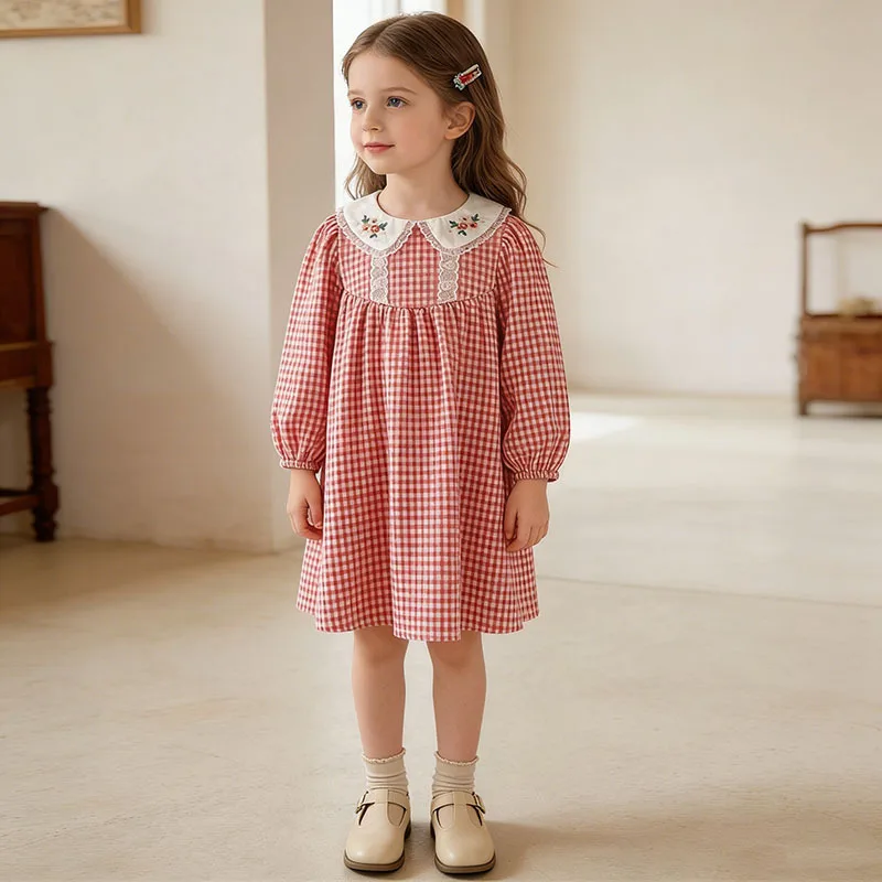 

2026 Spring and Summer New Hot Selling Checkered Small Fresh Doll Collar Embroidered Small Flower Dress