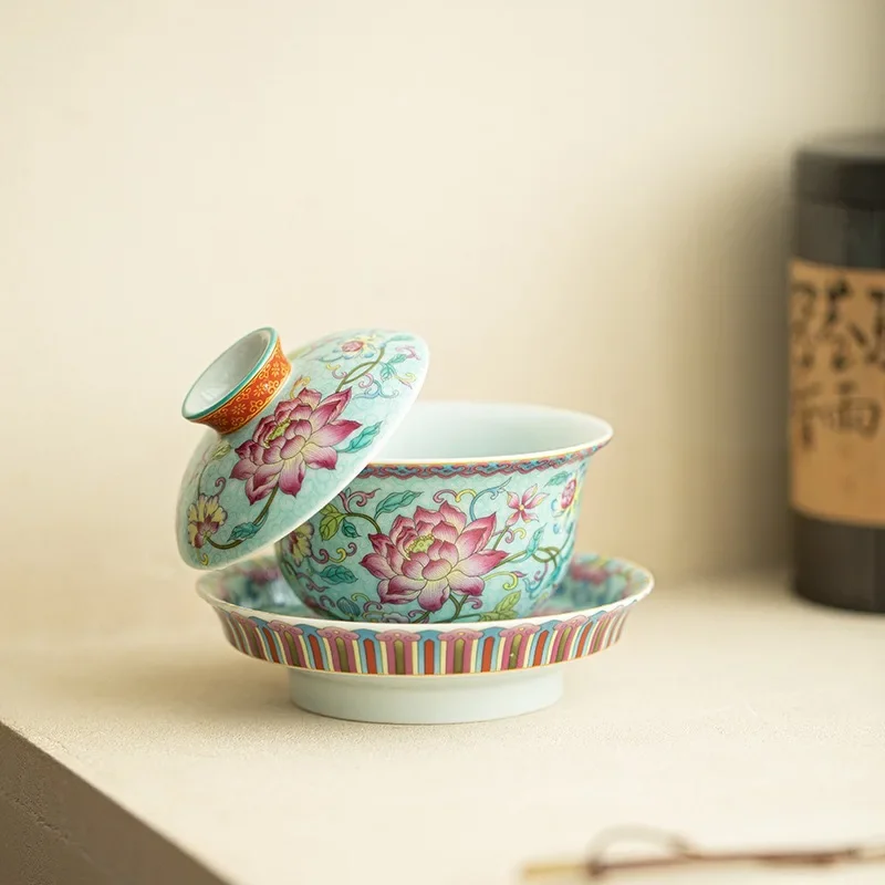 Antique Enamel Color Lotus Flower Fragrance Wonderful Heart Cover Bowl Sancai Cover Bowl Hover Tea Bowl Ceramic Kung Fu Teacup