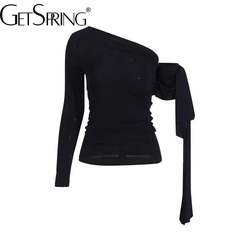 GetSpring Women T Shirt 2024 Skew Collar Asymmetrical Off Shoulder Sexy Slim Thin Tshirt T Shirts Tee Shirt Female Top Tshirts