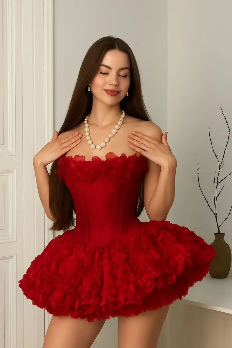 Strapless Red Mini Homecoming Dresses with 3DFlowers Corset Fashion Party Dress Prom Gown Girls Daily Cate Dressing