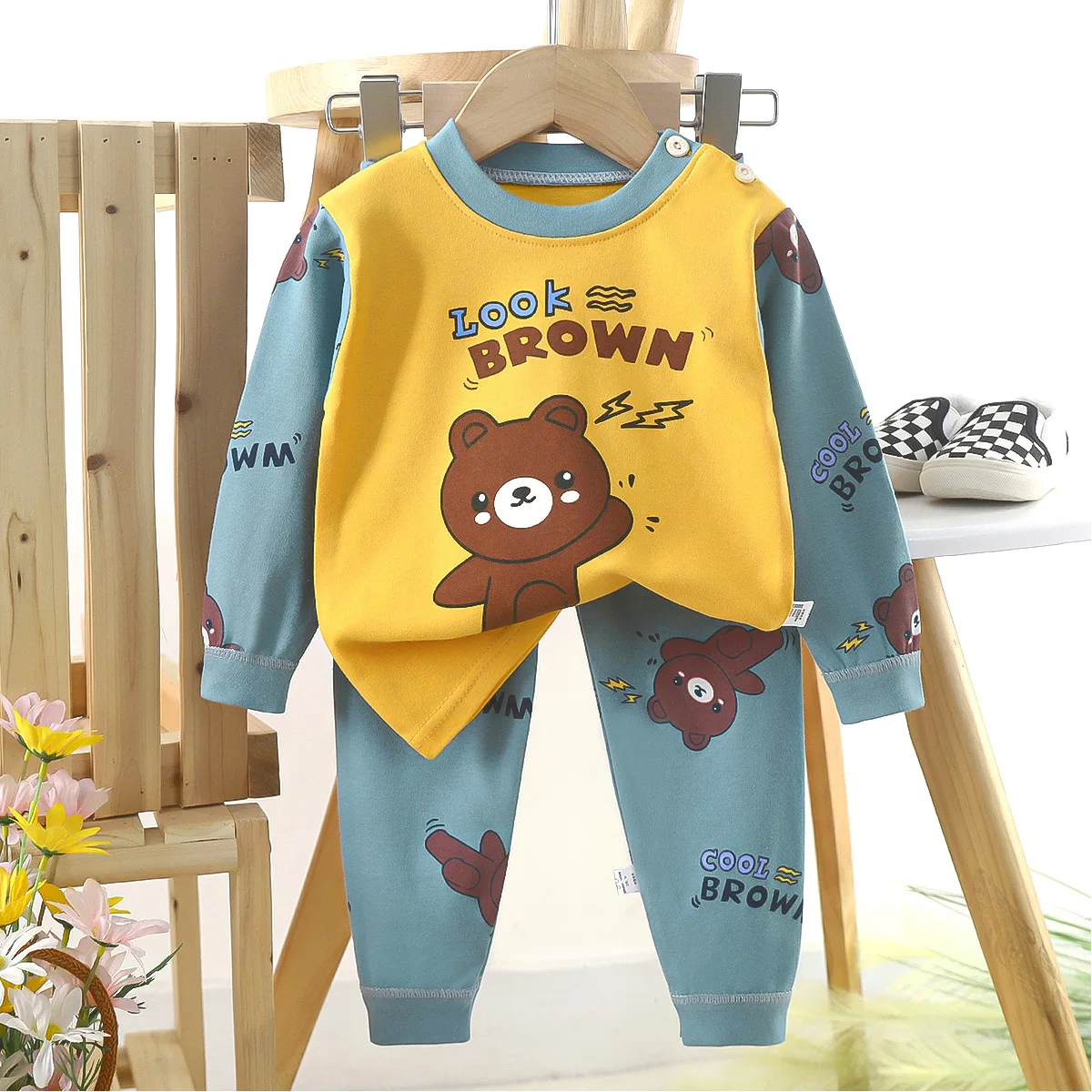 Kinder Jongens Casual Warme Katoenen Pyjama Schattige Cartoon Beer Lange Mouw T-Shirt Tops + Broek Nieuwe Baby Herfst Nachtkleding Kleding Sets