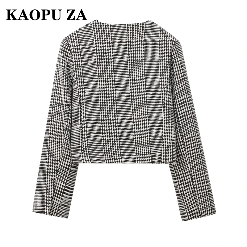 KAOPU ZA 2024 Autumn Woman's Casual Plaid Coat Female Vintage Jacket O-Collar Outerwear Long Sleeve Pockets Single-breasted Top