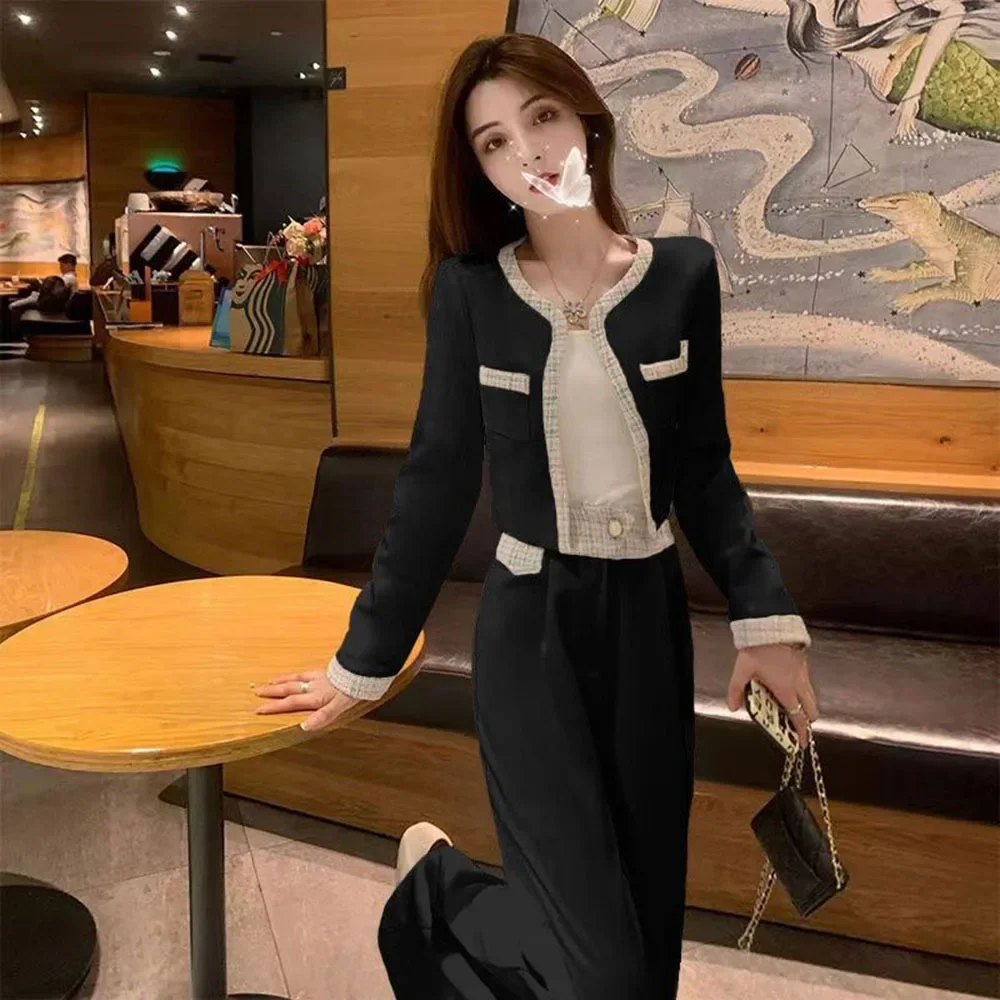 

Women's O Neck Short Jacket + High Waist Straight Bottoms 2-piece Set Spring Autumn 2025 New Fashion Elegant Tweed Trousers Suit